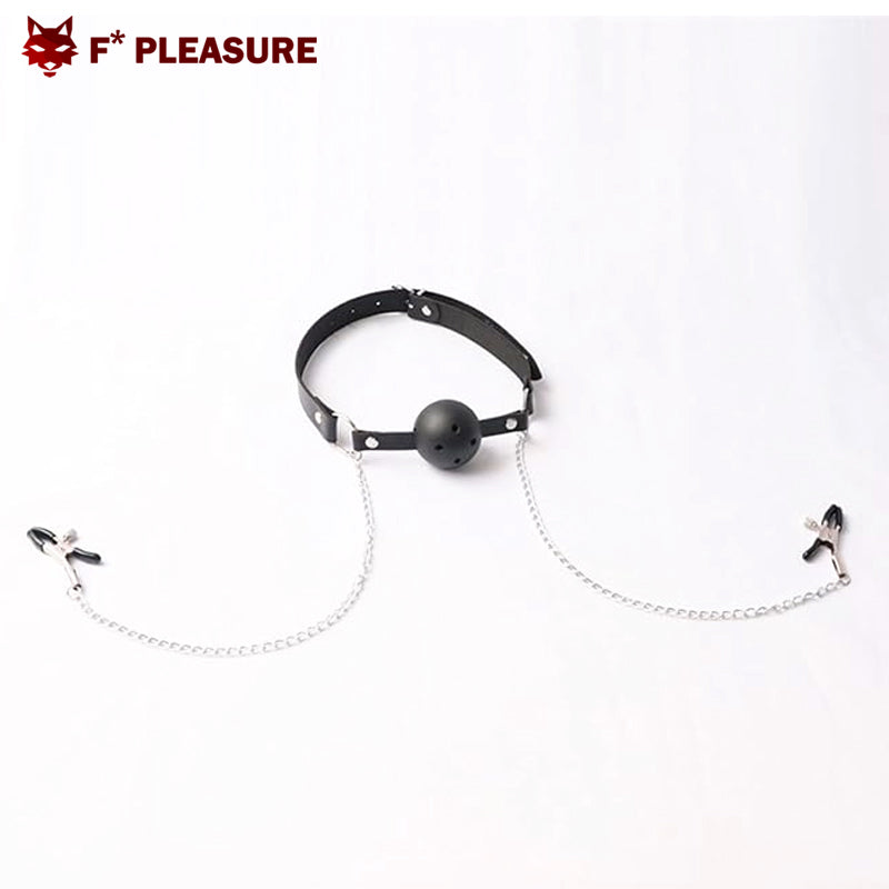 F* Pleasure - Fetish Ball Gag Black with Nipple Clamps