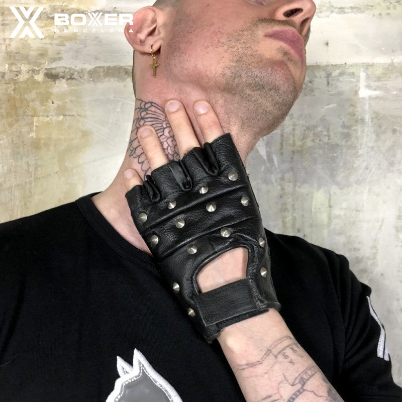 BOXER - Fingerless Leather Biker Gloves with Studs