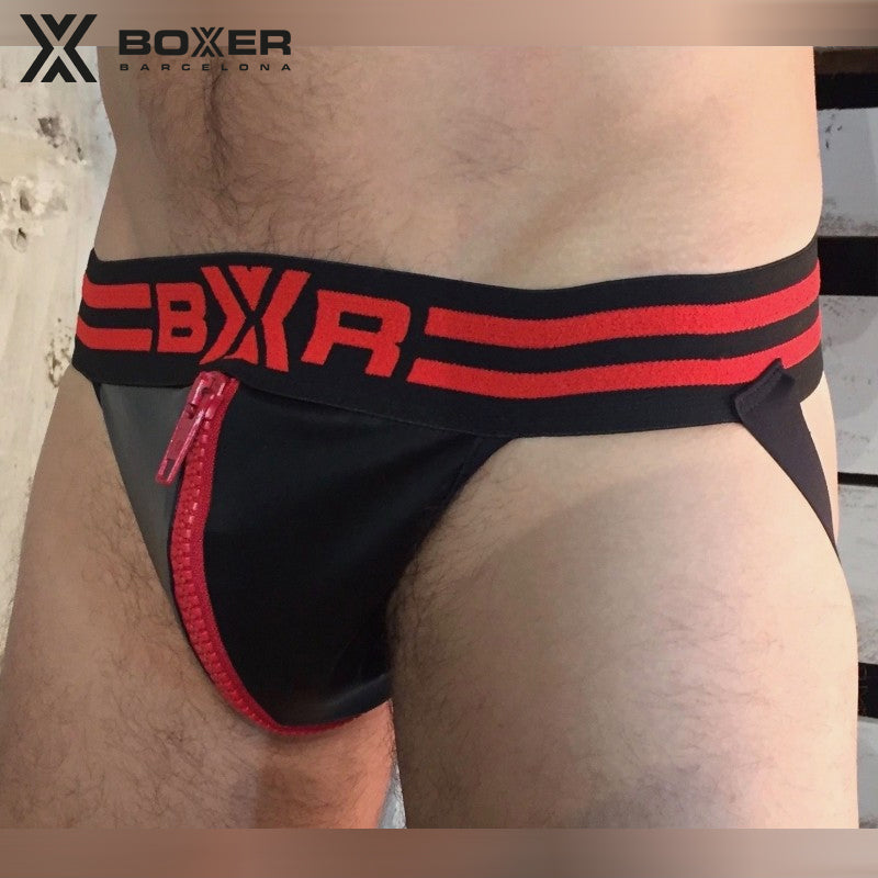 BOXER - Sexy Jock - BIG ZIP Leatherette Jockstrap - Black/Red