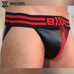 BOXER - Sexy Jock - BIG ZIP Leatherette Jockstrap - Black/Red