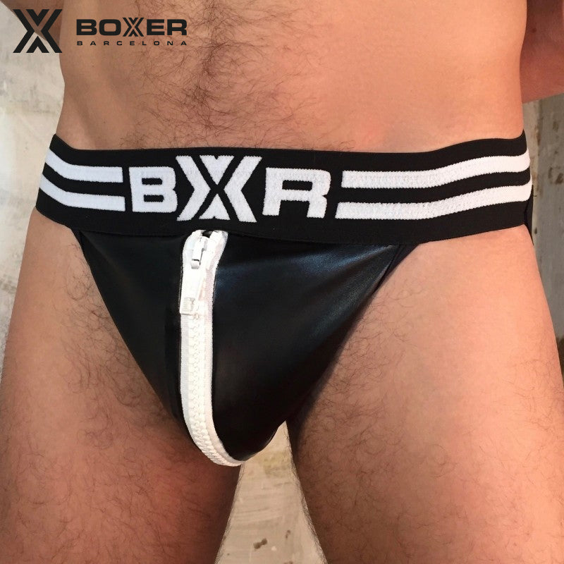 BOXER - Sexy Jock - Suspensorio de polipiel con cremallera grande - Negro/Blanco 