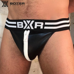 BOXER - Sexy Jock - Suspensorio de polipiel con cremallera grande - Negro/Blanco 