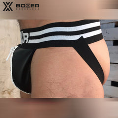 BOXER - Sexy Jock - Suspensorio de polipiel con cremallera grande - Negro/Blanco 