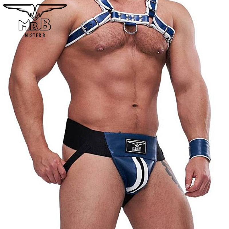 Mister B - Circuit Jockstrap Cuero Azul-Blanco