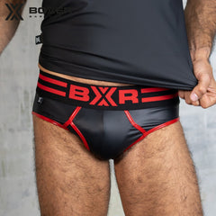 BOXER - Sexy Y Front Leatherette Brief - Black/Red