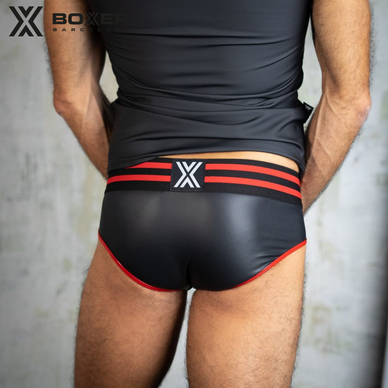 BOXER - Sexy Y Front Leatherette Brief - Black/Red