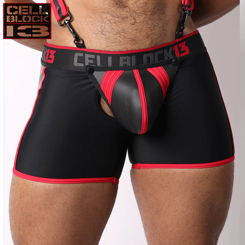 CELLBLOCK 13 - High Bar Reißverschluss Boxershorts aus Neopren mit abnehmbarem Beutel & Cock Ring - Rot