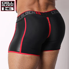 CELLBLOCK 13 - High Bar Reißverschluss Boxershorts aus Neopren mit abnehmbarem Beutel & Cock Ring - Rot