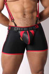 CELLBLOCK 13 - High Bar Reißverschluss Boxershorts aus Neopren mit abnehmbarem Beutel & Cock Ring - Rot