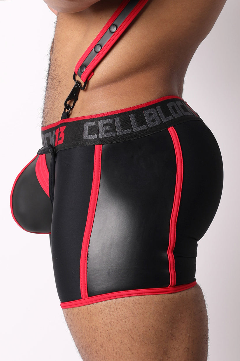 CELLBLOCK 13 - High Bar Reißverschluss Boxershorts aus Neopren mit abnehmbarem Beutel & Cock Ring - Rot