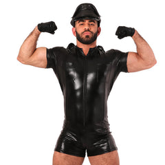 Fetish Policemen Soft PU Leather Bodysuit with Hat and Gloves