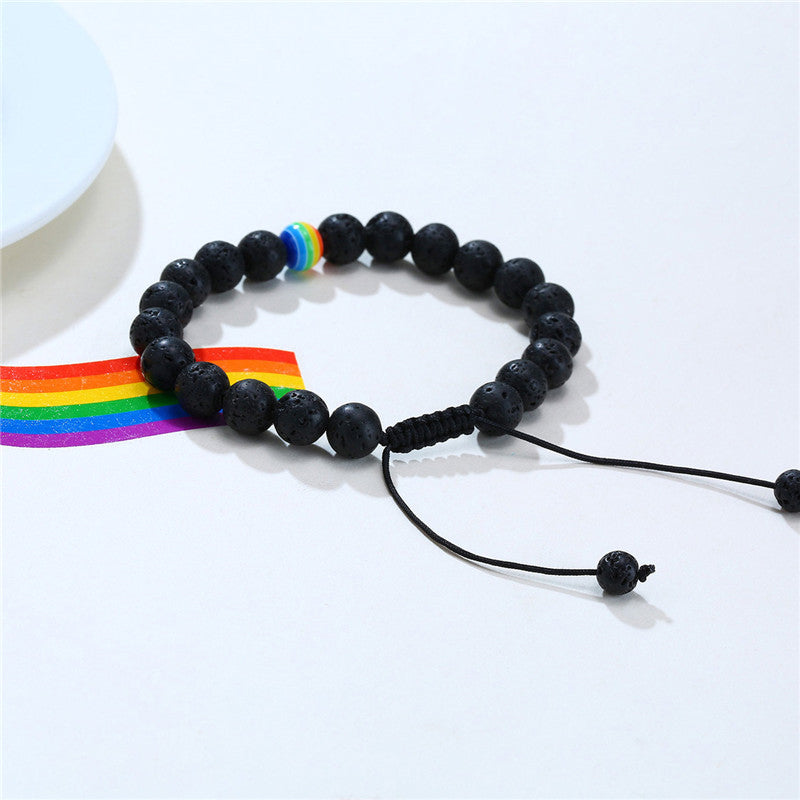 Pride Rainbow Bead Bracelet Natural Stone Black